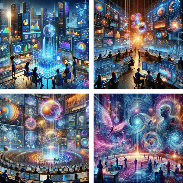 four AI-generated images depicting the future of augmented analytics. DALL-E was used via ChatGPT.