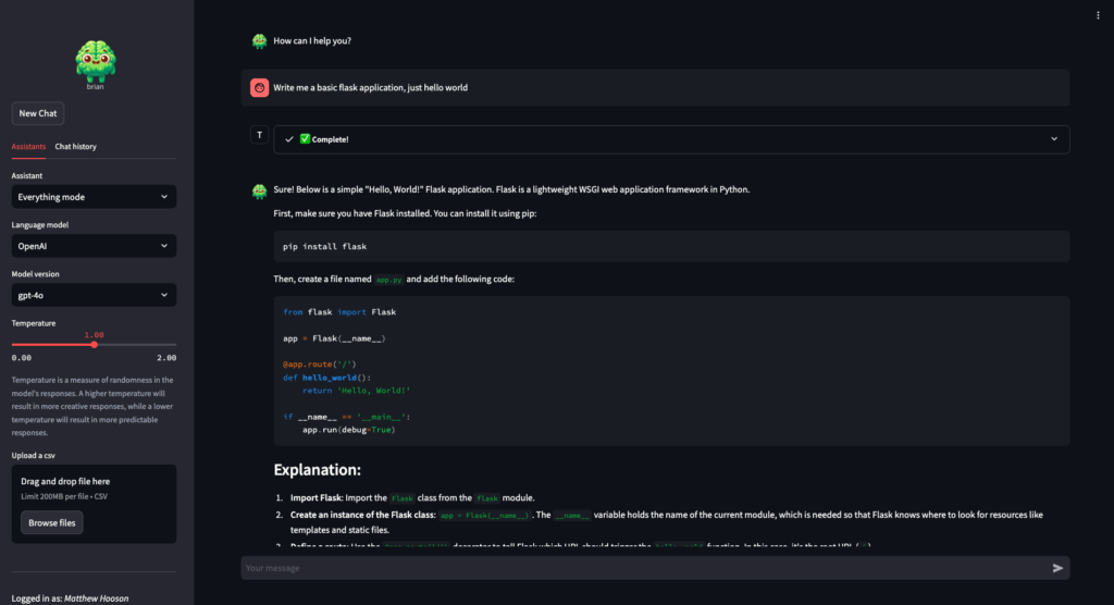 Image of latest version of Brian user interface. Image shows chat with LLM generated python code for flask application